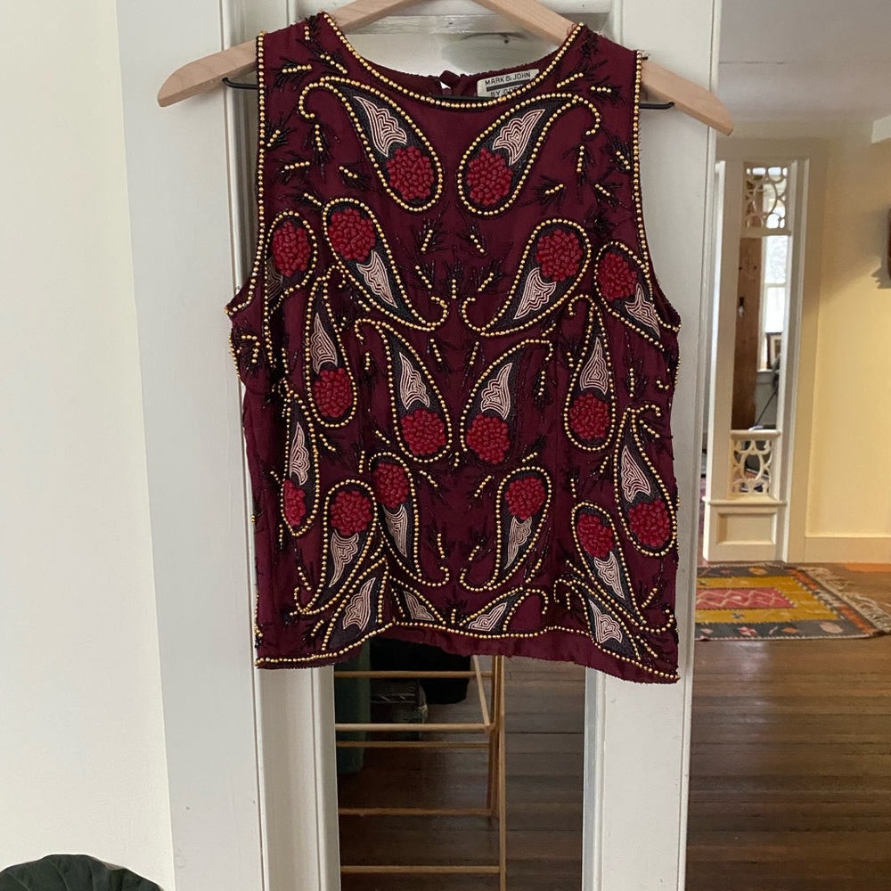 Embellished Sleeveless Top - Burgundy and Gold